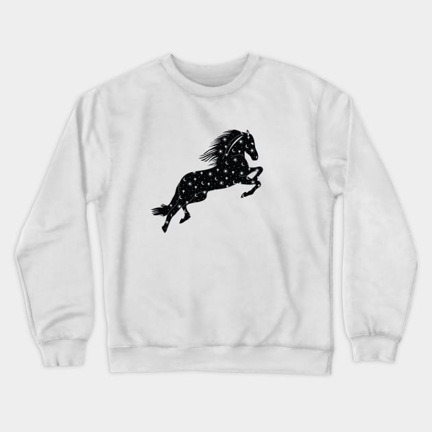 Cosmic Horse Black Crewneck Sweatshirt by MinimalLineARt